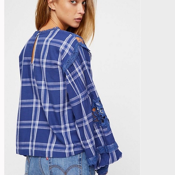 NWT Free People Blue Plaid Darling Diana Top - Picture 3 of 8